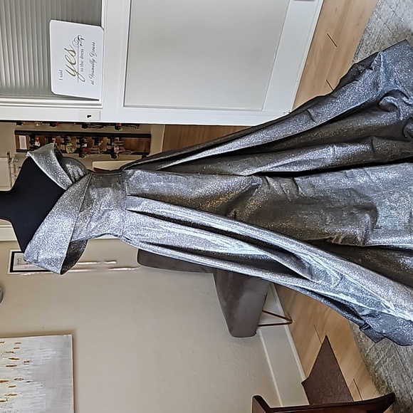 Size (2 to ) 4 pewter/gunmetal glitter wrap skirt evening gown by Ediz Tarik NWT